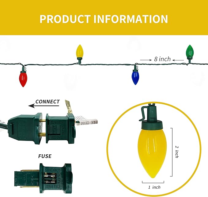 C9 Christmas Lights Outdoor 50 LED Multicolor Strawberry Waterproof String Lights Xmas Tree Indoor Decoration Plug in 34.5 Feet Used for Home Festive Courtyard Patio Garden(Multicolor)