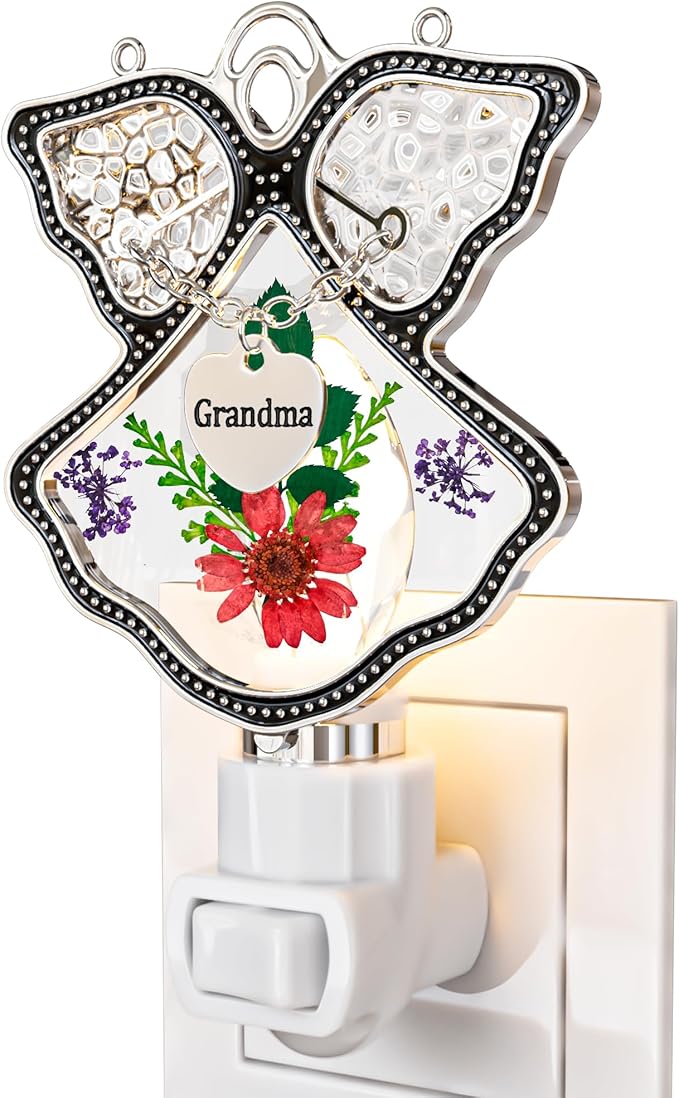 KY&BOSAM Night Light Grandma Stained Glass Angel Night Lights Plug Into Wall with Real Flower in Glass and Metal Charm Night Light for Nursery Bedroom Bathroom Accent Lite Elegant Home Decoration