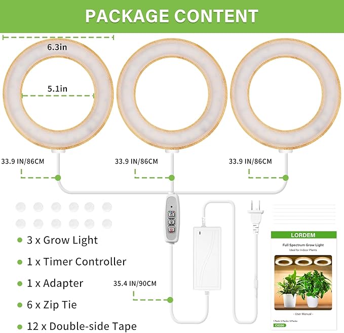 LORDEM 6.3" Bamboo Ceiling Grow Lamp for Indoor Plants, 216 LEDs Full Spectrum Halo Plant Light, Under Cabinet Grow Lights with 4/8/12H Auto Timer Switch Modes, 4 Dimmable Brightness Levels, Tri Head