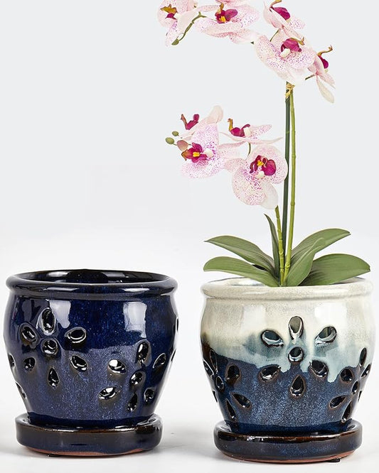 vensovo 4 Inch Ceramic Orchid Pots with Holes and Saucers - 2 Pcs Small Succulent Pot for Repotting, Garden Flowerpots for Plants Indoor and Outdoor Promotes Air Circulation (Blue, Blue Mixed)