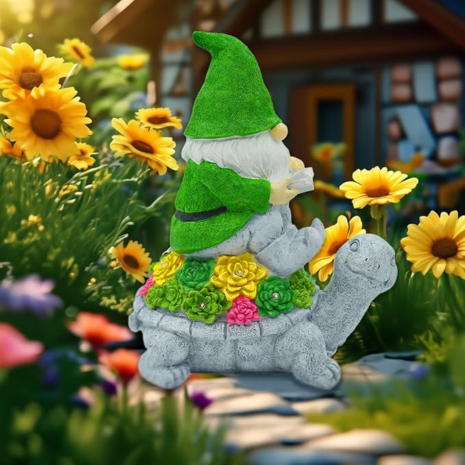 Solar Garden Outdoor Statues Turtle Gnome Outdoor Figurine Lights with Gnome Reading Book Garden Accessories Tortoise Statue Lawn Decor for Patio Balcony Yard Ornament Art Housewarming Gifts