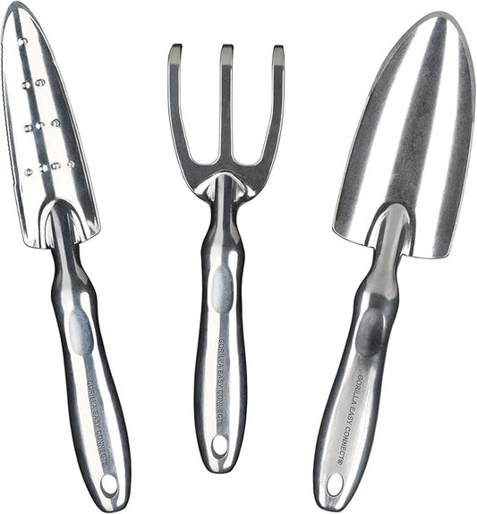 Heavy Duty Garden Tools with Digging Trowel, Transplant Trowel and Cultivator Hand Rake Solid One Piece Cast Aluminum Construction