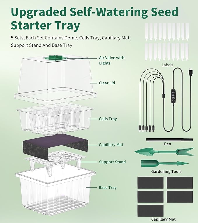 Seed Starter Tray, 60-Cells Seedling Starter Trays with Grow Light, Self-Watering Seed Germination Kit for Indoor Gardening Seed Starting (5 Pack, Clear Base)