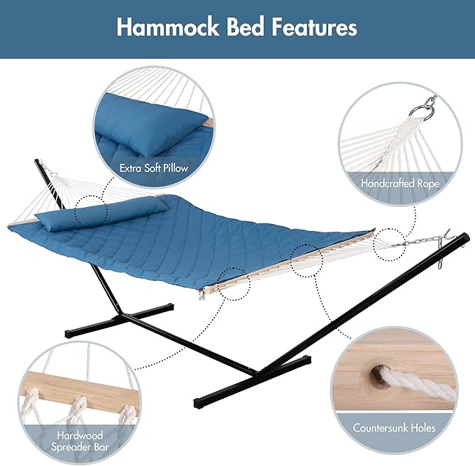 ANOW Double Hammock with Stand Included, Rope Hammock with Detachable Pillow and Pad for Outdoors Indoors, 450 LBS Weight Capacity, Blue