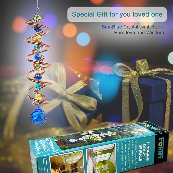 FONMY Gazing Ball Spiral Tail -Decorative Wind Spinner Sun Catcher Rainbow Maker Copper Double-Spiral W/Sea Blue Crystal Ball and Chain Crystals Beads for Indoor Outdoor Garden Decoration -14 inch H