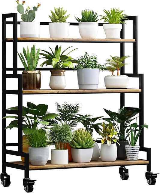 YIZAJIA Plant Stand Indoor 3 Tier Metal Board Outdoor Tiered Stands Shelf With wheel for Multiple Plants Potted Ladder Plant Holder Table Plant Pot Stand for Window Garden Balcony Living Room (3
