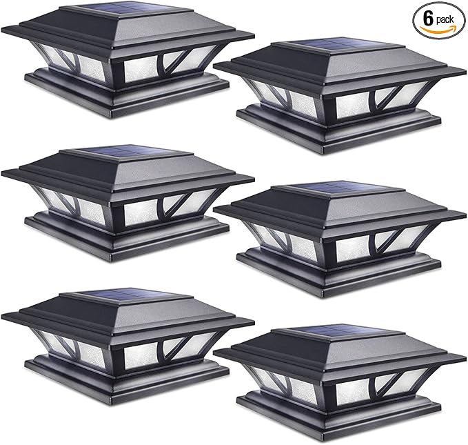 SIEDiNLAR Solar Post Lights Outdoor 2 Modes LED Deck Fence Cap Light for 4x4 5x5 6x6 Posts Patio Garden Decoration Warm White/Cool White Lighting Black (6 Pack)