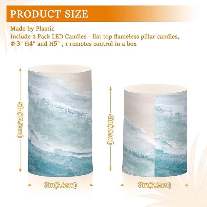 Flickering Flameless Candles, Bohemian Beach LED Candles with Remote Timer, Set of 2 Battery Operated Candle for Valentine Wedding Birthday