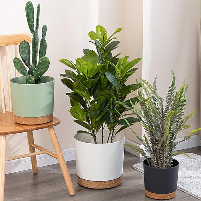 ZMTECH Plant Pots, Set of 3 8'' Self Watering Plastic Planter with Drainage Hole and Saucer, Modern Decorative Flower Pot for Indoor Outdoor House Plants, Succulents, Flowers - White