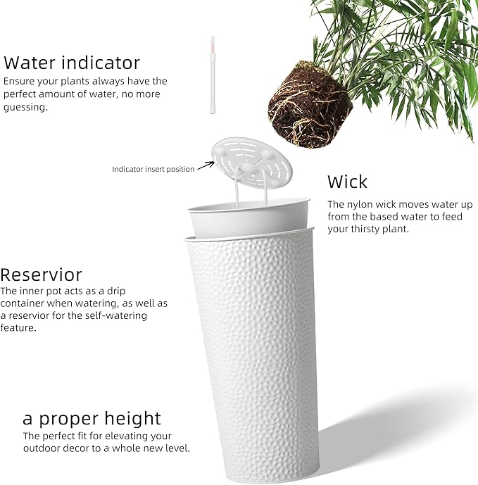 KOL 28" H. Tall Metal Cone Planters with Inner Pots 2-Pack, White Hand-Hammered Large Decor Planter for Deck, Patio, Porch - Handcrafted Flower Pot - with Water Level Indicator - Indoor Outdoor Use