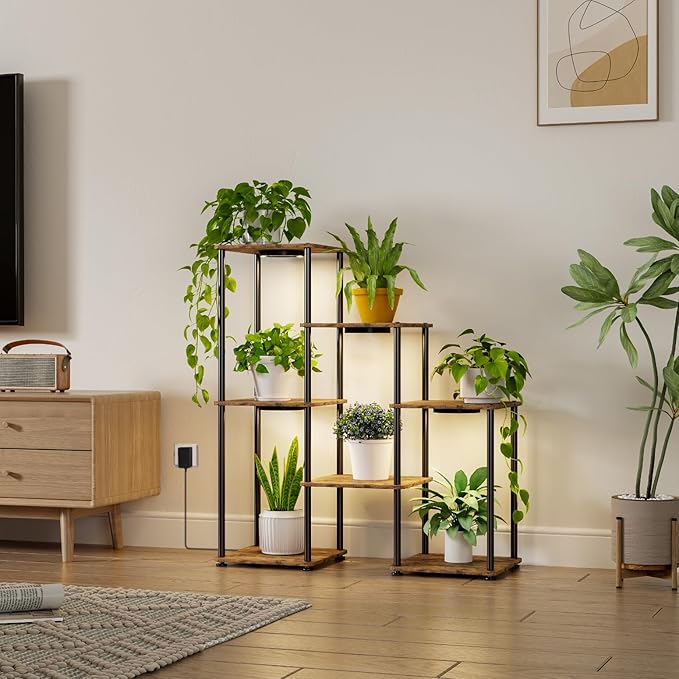 Plant Stand Indoor with Grow Light, 33" High Indoor Plant Shelf, 7 Tier Flower Stand with Plant Light Full Spectrum, Metal Plant Holder with Light, laddered Plant Rack for Home, Corner