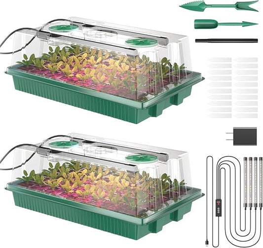 Seed Starter Tray, 80-Cells Seedling Starter Trays with Grow Light and Humidity Dome, Reusable Seed Germination Kit for Indoor Gardening Seed Starting (2 Pack, Green Base)