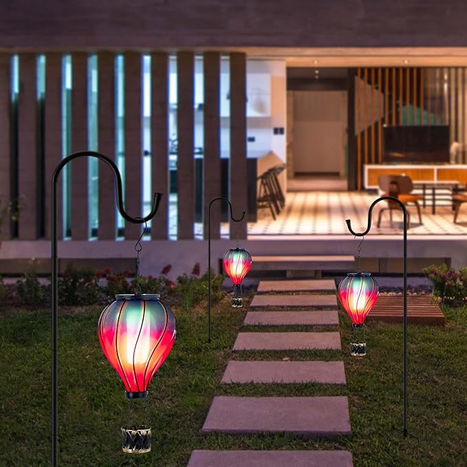 Starsoul Glass Hot Air Balloon Solar Lantern with Flickering Flame Light Blue & Purple Solar Powered Hot Air Balloon Lamp Waterproof Hanging Solar Lantern for Garden Yard Patio Porch Decor