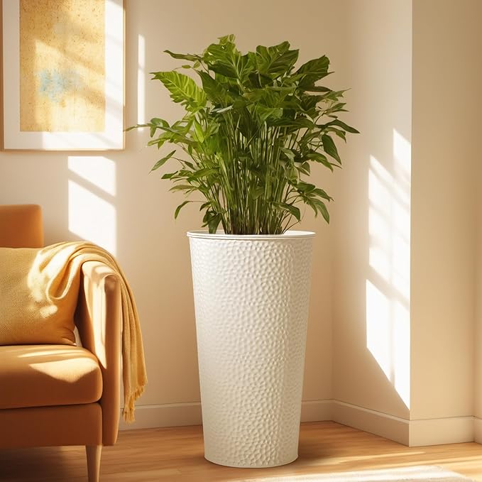 KOL 28" H. Tall Metal Cone Planters with Inner Pots 2-Pack, White Hand-Hammered Large Decor Planter for Deck, Patio, Porch - Handcrafted Flower Pot - with Water Level Indicator - Indoor Outdoor Use