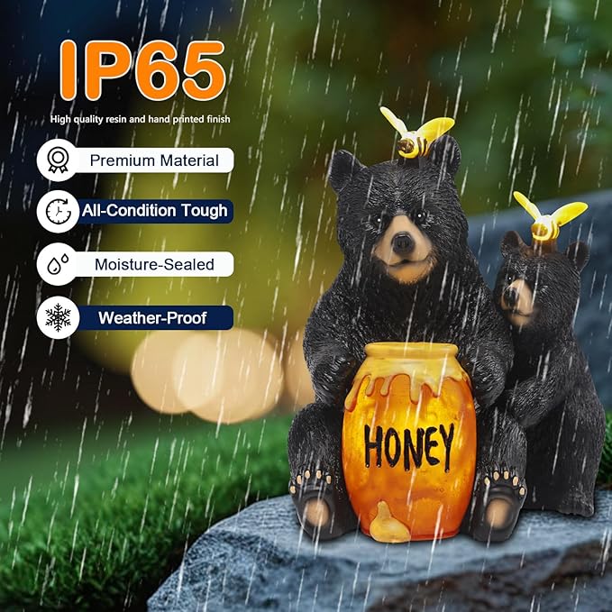 Solar Garden Decor Statues 7" Resin Mother&Cub Bear Figurines with Honey Jar Waterproof Black Bear Decor for Outside Yard Patio Porch Decoration Gift for Mom Grandma