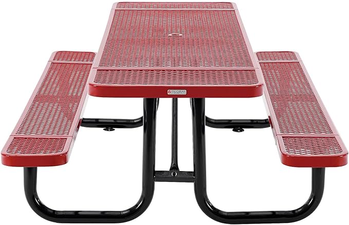 Global Industrial 8’L Rectangular Picnic Table, Expanded Metal, Red Thermoplastic Coating, Attached Benches, 1-1/2” Umbrella Pole Hole, Outdoor-Rated, 1000 lb Capacity, 96” x 30” Tabletop