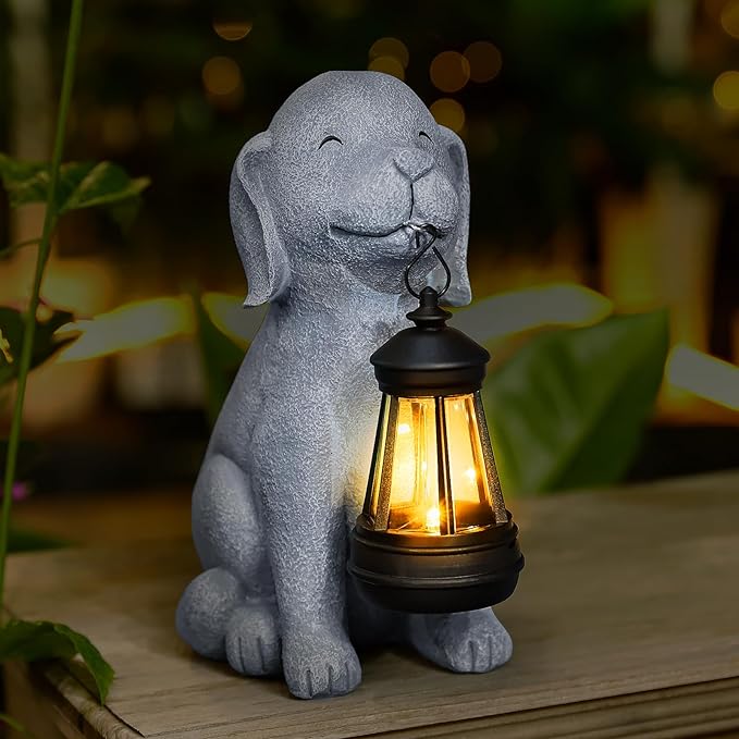 Solar Dog Statues for Garden Decorations Solar Garden Statues for Patio, Balcony, Yard Ornament Unique Housewarming Gifts Figurine Lights, Gray
