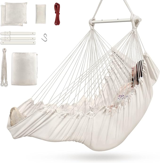 Outerman Hammock Chair, Hanging Chair with 3 Cushions and Foot Rest Support, Sturdy Metal Spreader Bar Max 440 Lbs, Swing Chair for Bedroom, Indoor & Outdoor, Patio, Porch or Tree（White）