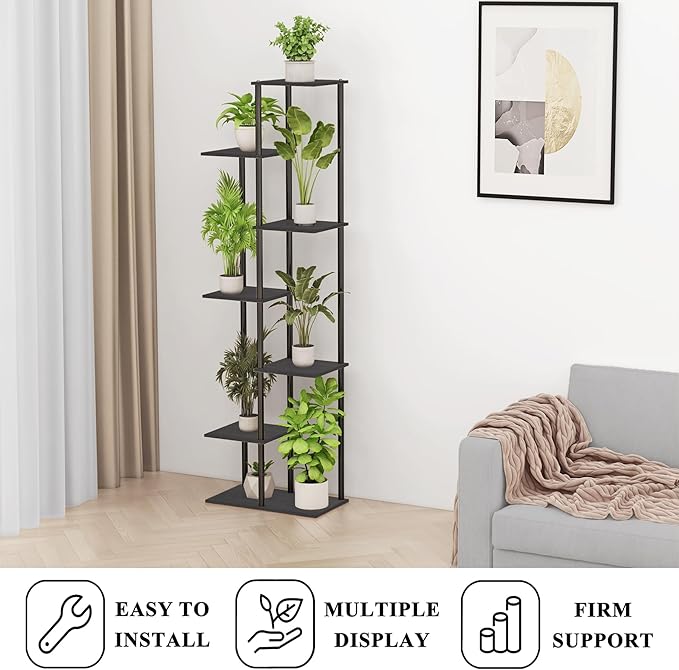 Plant Stand Indoor 7 Tier 8 Potted Metal Wood Plant Shelf, Multiple Flower Pots Corner Tall Plant Holder Stands for Living Room Balcony Bedroom, Black