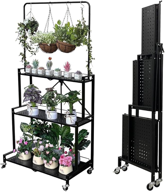 lumizone Foldable 4-Tier Plant Stand Indoor Outdoor Hanging Plant Shelf No Assembly Required Pot Placement Area With Wheels Sturdy Fall Prevention Storage Shelf Flower Pot Stand(4 Tier-Black)