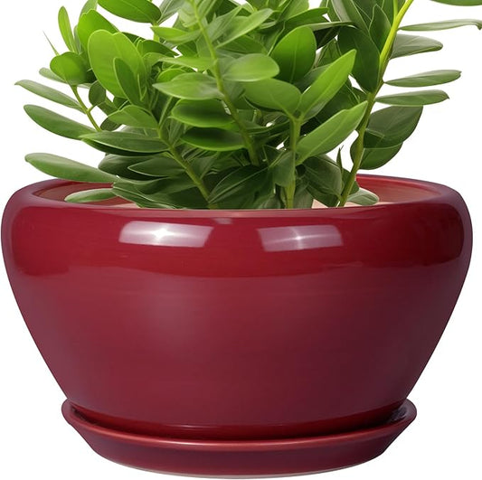 Ceramic Planter - 11 Inch Planter for Outdoor Plants Large Plant Pot Indoor with Drainage Hole and Saucer Round Modern Flower Pot Mid-Century Room Decor Red