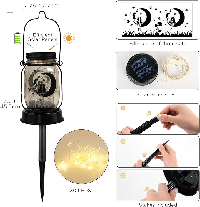 Kyoryuger Cat Solar Lanterns Moon Cats Gifts for Women Mom Grandma Unique Teen Girl Gifts Christmas Gifts for Cat Lovers Cat Memory Lantern with Stake for Yard Lawn Patio Bedroom Kitty Decoration