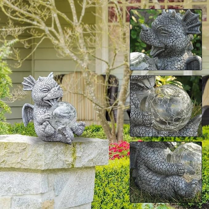 Garden Dragon Statue Outdoor Decor, Baby Resin Figurine Holding Magic Orb With Solar LED Lights, 7.1" for Patio, Lawn & Yard, Summer Gift for Mom
