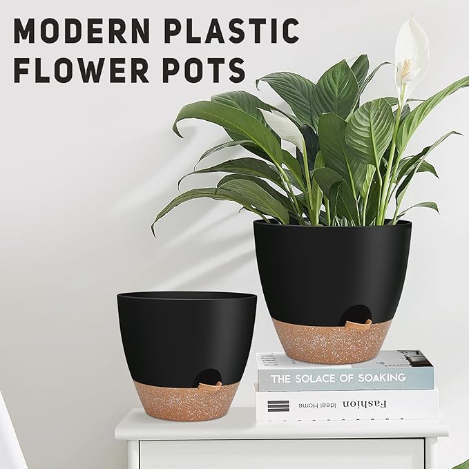 12" 10" 9" Large Self Watering Plant Pots, 3 Pack Flower Pots Planters with Multi Mesh Drainage Holes for Indoor Outdoor Garden Plants and Flowers (Black)