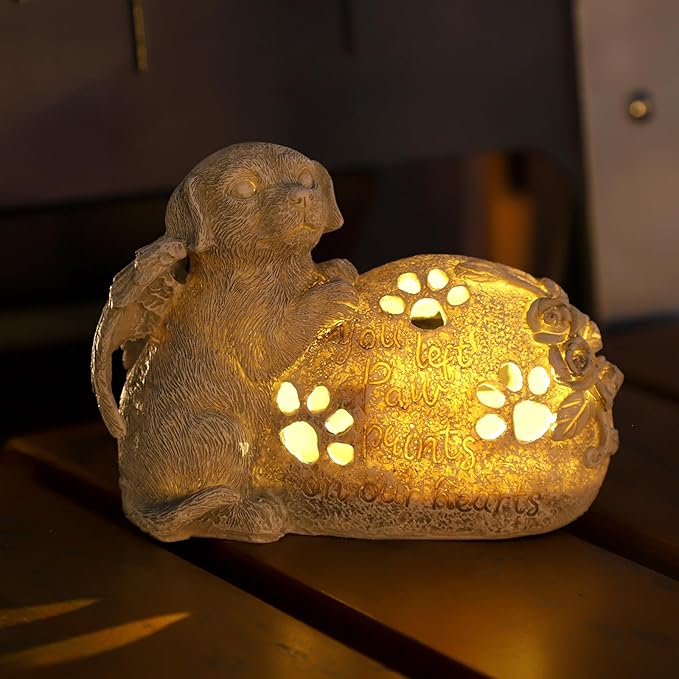 Dog Memorial Gifts Outdoor Statue with Solar Lights,Outdoor Resin Pet Ornament Grave Memorial Angel Decor Stone Effect