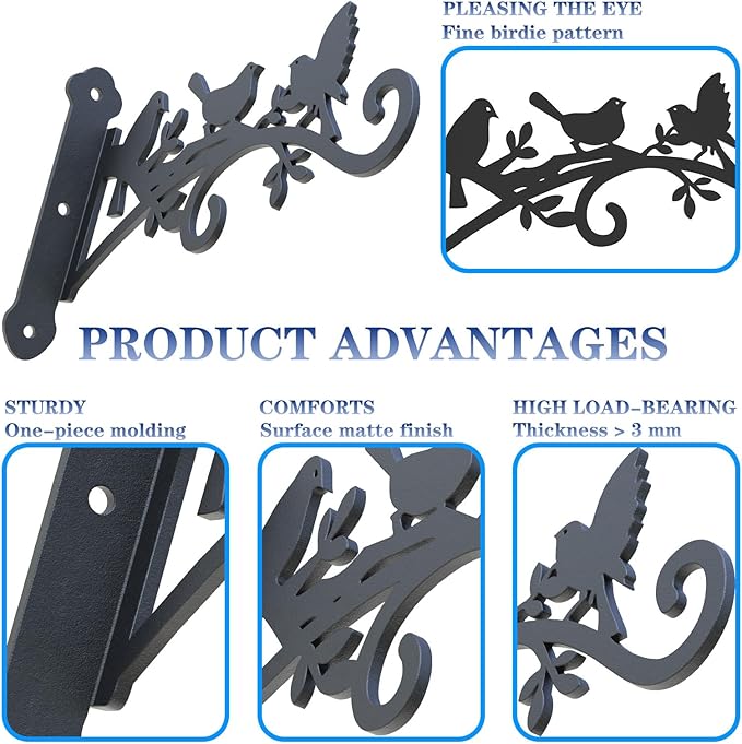 Metal Hanging Plant Bracket with Birdie Pattern 2 Pack – Heavy Duty Plant Hooks for Hanging Flower Baskets，Plants, Bird Feeder, Wind Chime - Indoor/Outdoor Use，Black Matte Texture (12 in)