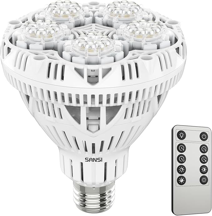 SANSI Dimmable Grow Light Bulb Full Spectrum, High PPFD 30W Grow Bulb (450 Watt Equiv) with Remote, Auto On Off Timing 4 8 12 Hrs, Energy Saving Plant Light Bulb with E26 Base for Indoor Plants