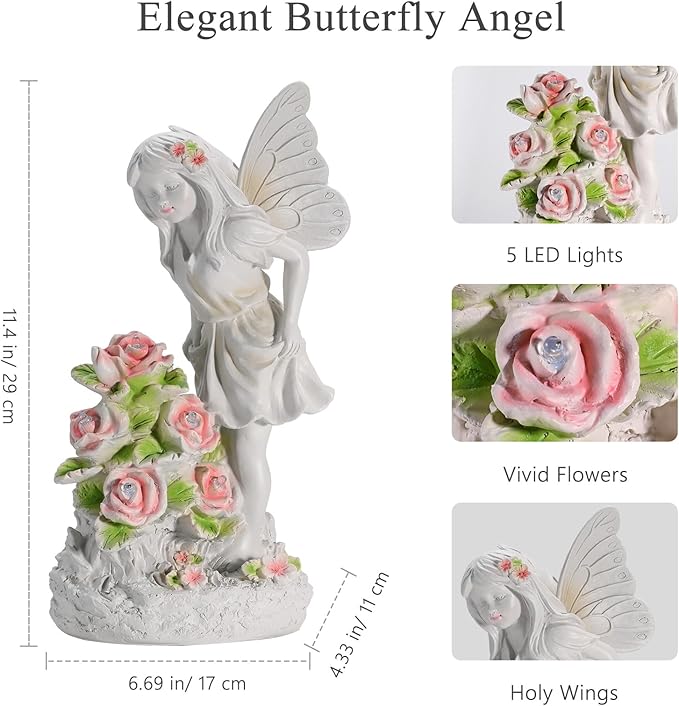 Angel Garden Statue, Guardian Solar Garden Decor with Warm Light, Waterproof Butterfly Angel Figurine with Flowers, Outdoor Garden Decor Sculpture for Lawn Yard Patio Windowsill, White