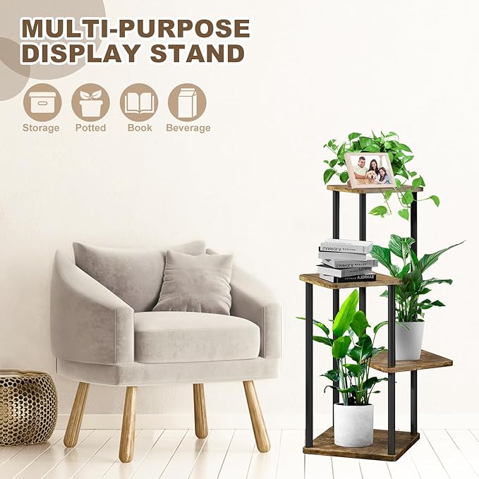 4 Tier Wood Tall Plant Stand Metal Rack Indoor, Multiple Flower Pot Holder Shelves Corner Rack, Planter Shelf Display Rack Storage Organizer for Patio Living Room Balcony Garden(Black)