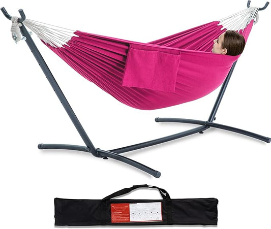 PNAEUT Double Hammocks with Stand for Outside, Portable Space Saving Heavy-Duty Steel Stand for Indoor Outdoor Patio with Carrying Bag, 450 lbs Capacity (Rose Pink)