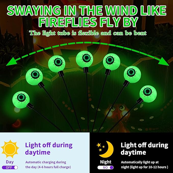 Aogist Halloween Decorations Eyeball Swaying Firefly Light Bright Long Standby Time Waterproof Outdoor Lights for Beautiful Spaces Garden Yard Lawn Pathway Porch Party Decor(Green, 4 Pack-24 LEDs)
