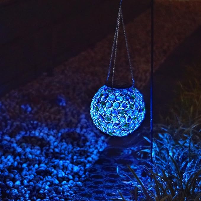 Solar Hanging Lantern Outdoor Lights, Dual LEDs Color Changing and Cool White Hanging Light Waterproof Crystal Globe Lamp Decoration in Garden, Pathway, Front Door - Multi Color