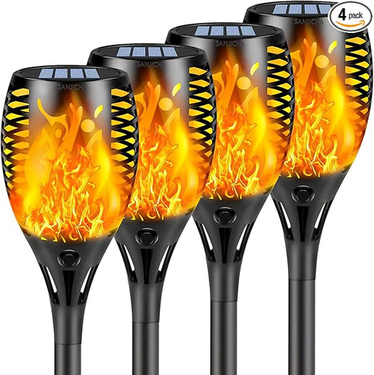 SANJICHA 4 Pack Super Larger Size Solar Flame Torch Extra Bright Tiki Lights Outdoor Decorative with Flickering Flame, Solar Outdoor Lights Waterproof Lamps for Outdoor use Garden Pathway Yard