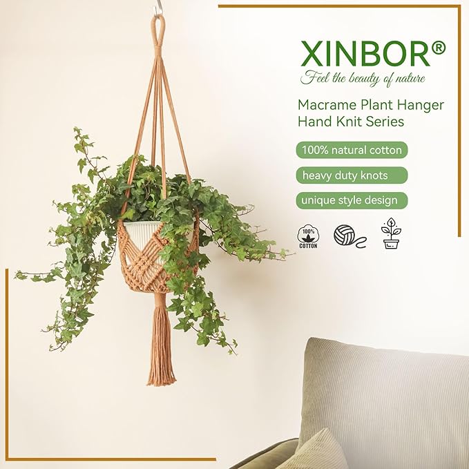 Hanging Planter with Patterns,2Packs Macrame Plant Hangers Indoor Macrame for up to 8 inch Pot Crochet Boho Plant Hanger Holder for Indoor Outdoor with 2S Shaped Stainless Steel Hooks (Caramel)
