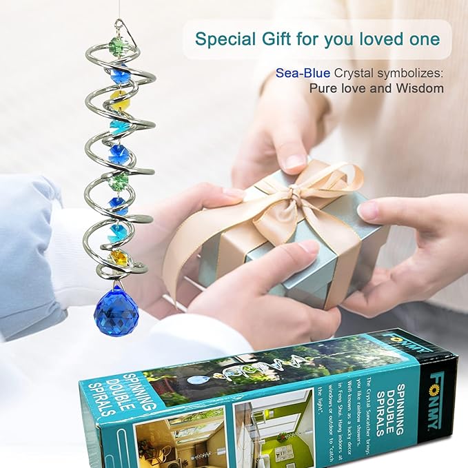 FONMY Gazing Ball Spiral Tail -Decorative Wind Spinner Sun Catcher Rainbow Maker Double-Spiral W/Sea Blue Crystal Ball and Chain Crystals for Indoor Outdoor Garden Decoration -14 inch Height