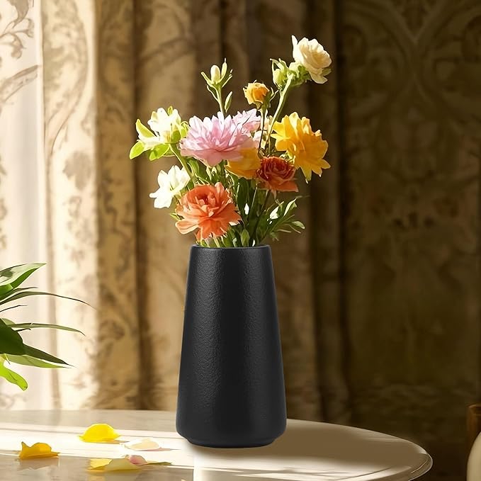 Simple Vase for Flowers Plants, Matte Vases for Modern Table Shelf Home Decor Wedding Boho Decor, 6" H Frosted Elegant Ceramic Vase for Pampas Grass Fluffy Stem Bouquet Lavender Flowers (Black, 2)