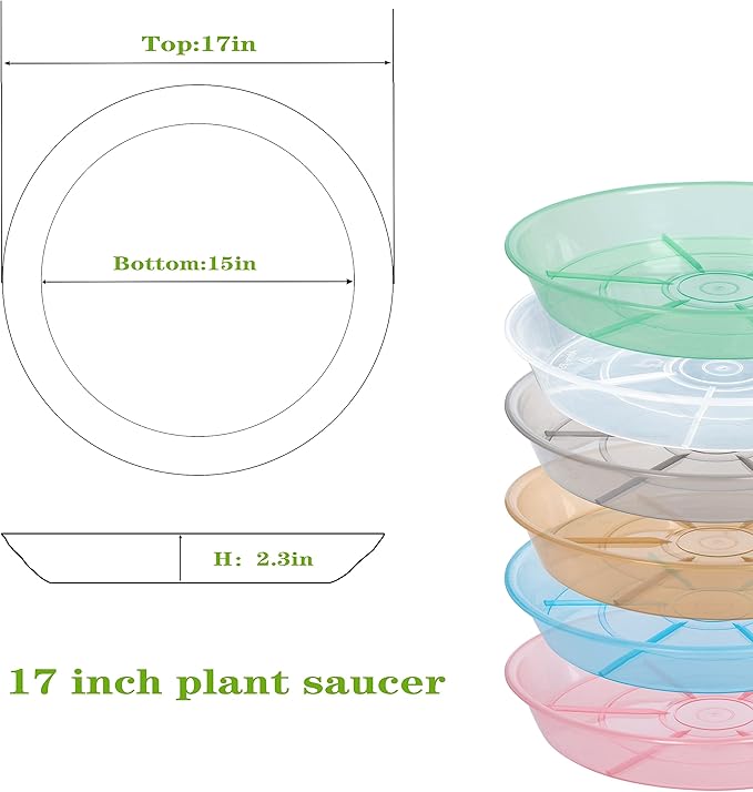 4 Pack Plant Saucer Drip Tray 17 inch, Plant Trays for Indoors No Holes, Heavy Sturdy Plastic Planter Pot Saucers for Garden, Plant Water Drip Trays for pots (17" 4Pack, Clear)