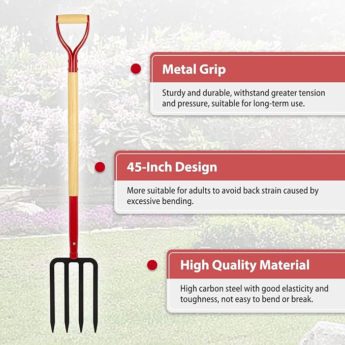 Heavy Duty Garden Fork for Digging, 4 Tines Pitch Fork for Gardening Compost, Garden Pitch Fork with Wooden Handle, 45 Inches