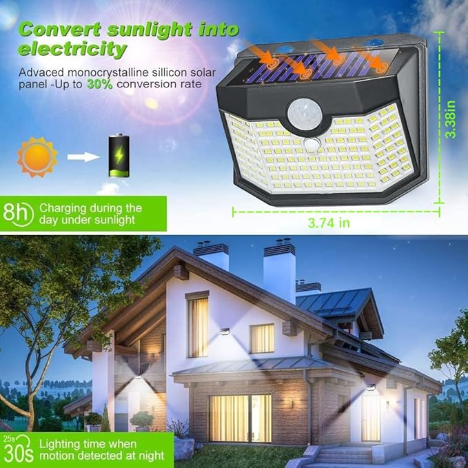 HMCITY 120 LED Outdoor Solar Lights with Motion Sensor and 3 Lighting Modes, IP65 Waterproof Wide Solar Wall Lights Ideal for Garden Patio Yard (Front Button 6Packs, Daylight White)