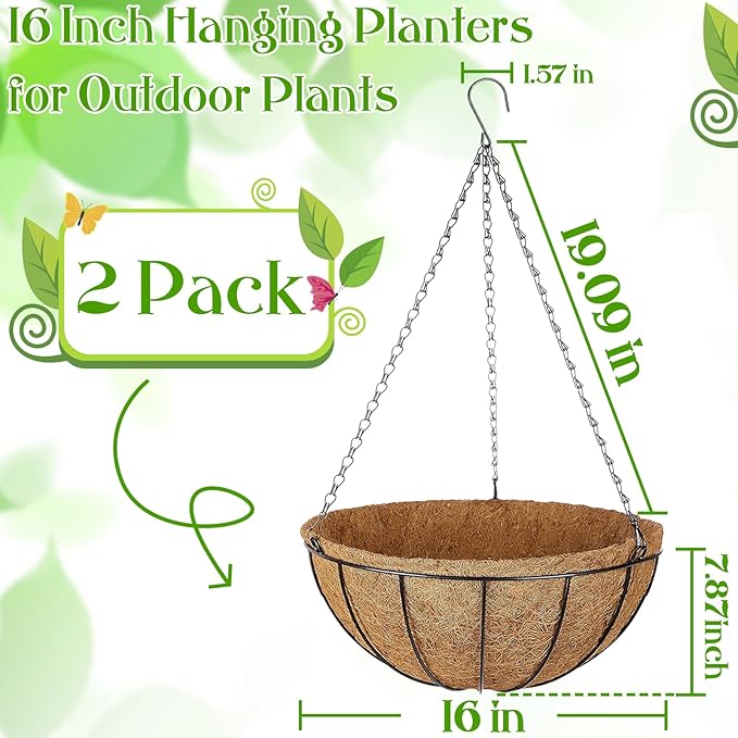ZeeDix 2 Pack 16 Inch Metal Round Hanging Planter Basket with Coconut Liners Replacement, Hanging planters Baskets with Natural Coco Liner for Outdoor Indoor Planters Flowers Vegetables