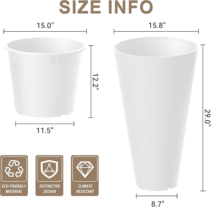 Kante Tall Round Planter Set of 2, 29 Inch Tall Decorative Planter Pots for Outdoor Indoor Garden Patio Front Porch (White)