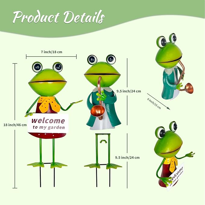 HONGLAND Metal Frog Garden Decor - Metal Frog Outdoor Statue -Outdoor Garden Decorations - 3D Frog Figurines - Christmas Holiday Lawn Patio Yard Fairy Garden Decor (with Welcome)