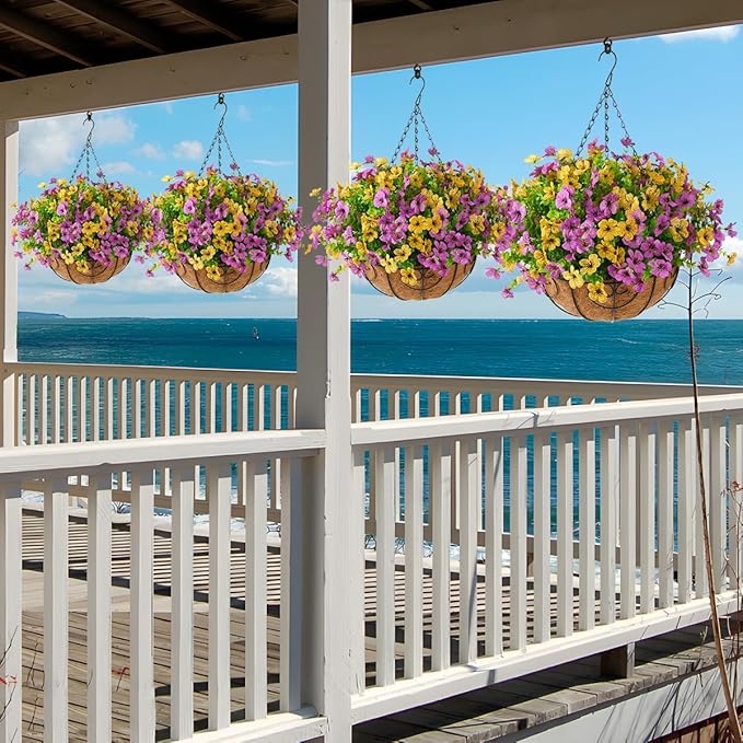 Artificial Faux Hanging Plants Flowers Basket for Spring Outdoor Decoration, Fake Silk Daisy in Planter Realistic UV Resistant Look Real for Porch Home Patio Balcony Yard(Purple Yellow)