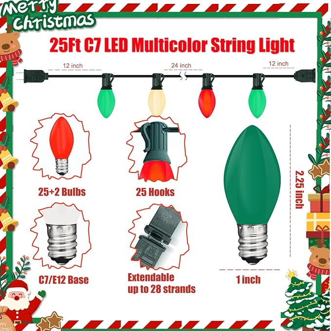 C7 LED Red White and Green Christmas Lights, 25Ft Outdoor Christmas String Lights with 27 LED Multicolor Plastic Bulbs, Vintage Christmas Lighst for Outside Patio Backyard Tree Cafe Party House Decor