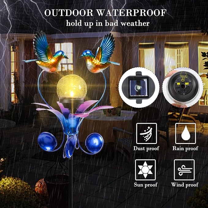 VCUTEKA Solar Lights Outdoor Metal Garden Stake Waterproof Crackle Glass Globe Garden Decor Blue Jay Bird for Pathway, Lawn, Patio, Yard