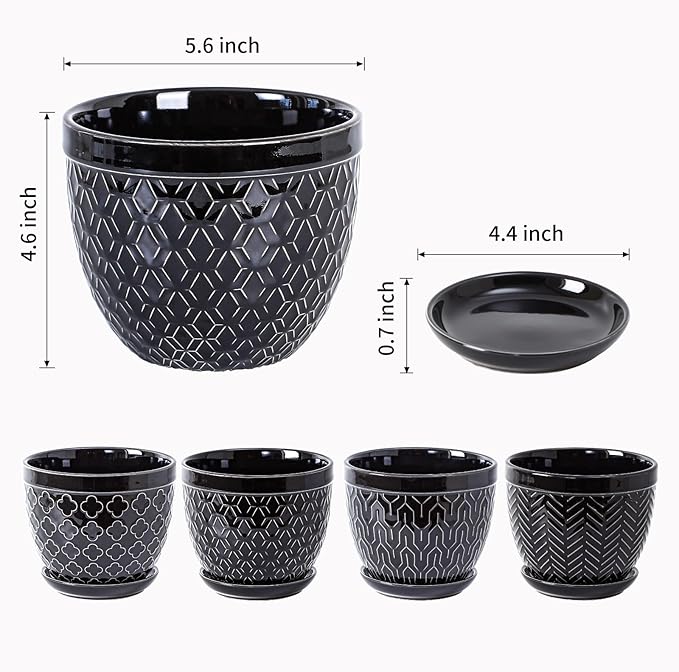 Sureasy Ceramic Indoor Plant Pots - 5.6 Inch Flower Pots for Plants with Drainage Hole and Saucer, Embossed Planter for Succulents, Orchid, Cactus, Indoor Home Decor, Set of 4, Black